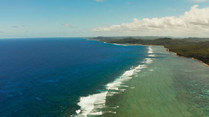 Seascape with the coast of the tropical island covered with forest and palm trees against the sky and blue water. Siargao,Philippines