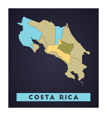 Costa Rica map. Country poster with regions. Shape of Costa Rica with country name. Radiant vector illustration.