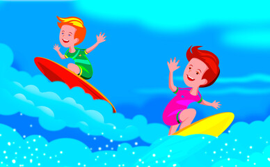 Young people surfing. Child on a surfboard on the ocean wave.
   Active water sports for children.