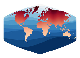 World Map Vector. Baker Dinomic projection. World in red orange gradient on deep blue ocean waves. Beautiful vector illustration.
