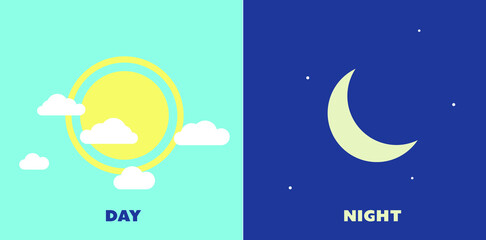 Half day night of sun and moon with clouds. Dark and bright modes. Vector illustration
