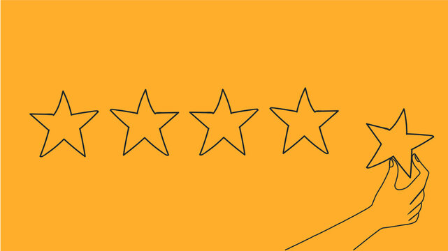 Hand putting five gold stars on yellow background. Five stars quality rating icon. Feedbak stars.