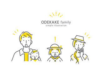 旅行中の4人家族のシンプルでお洒落な線画イラスト素材　二色