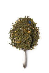 Green tea with jasmine flowers on black background