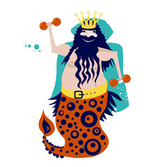 An image of the god Neptune in a cartoon style. Vector illustration. The God of sports. It can be used in postcards, children's events, posters, and clothing.