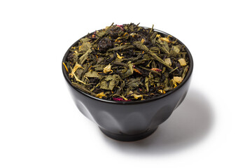 Fototapeta premium Green tea with jasmine flowers on black background