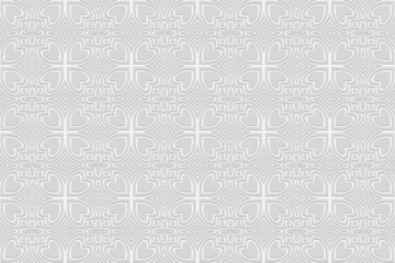 Geometric white volumetric background from a relief ethnic pattern with hearts in the style of Indian doodling. 3D convex shape effect for web design, presentations. 