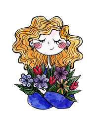 watercolor illustration. cute girl with flowers on a white background. spring hand drawing. card for womens day 8 march