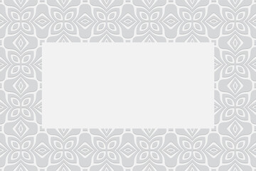Geometric white volumetric background from a relief ethnic pattern in the style of Africa, India. Frame for text. 3D convex shape effect for wallpaper, web design, presentations.