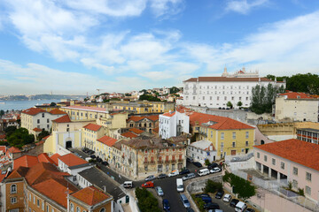 Lisbon Alfama district skyline and Tagus River, from the top of Santa Engracia Church, Lisbon, Portugal.