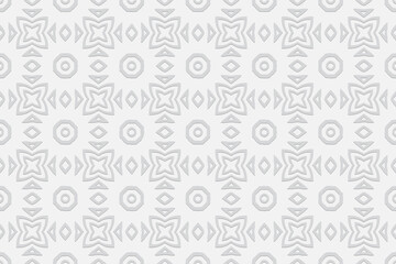 Geometric white volumetric background from a relief pattern with ethnic elements of the peoples of Africa, Mexico. 3D effect of a convex shape for wallpaper, presentations.