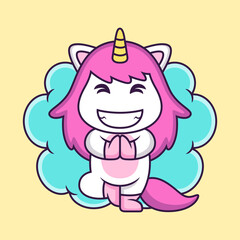Cute Unicorn doing Yoga Cartoon. Animal Vector Icon Illustration, Isolated on Beige Background