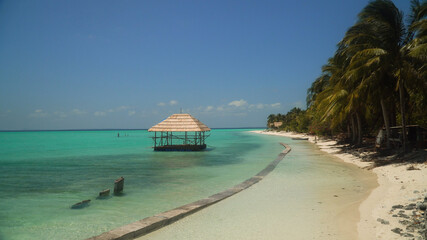 Tropical island with beautiful beach, palm trees, Onok Island, Balabac, Philippines. Summer and travel vacation concept