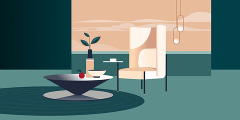 Abstract modern Interior with panoramic window. Vector mockup for background a layout landing page or design advertising banner or booklet. Contemporary architecture illustration.