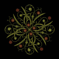 Embroidery of floral ornament on a black background