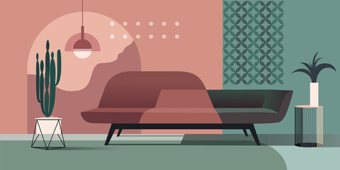 Abstract modern Interior in pastel shades of pink color. Vector mockup for background a layout landing page or design advertising banner or booklet. Contemporary architecture illustration.