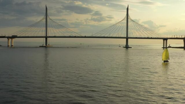Aerial view of cable-stayed bridge in St.Petersburg during sunset, 4k