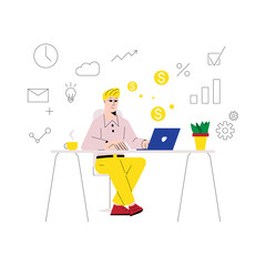 Making money online concept. Man works on a laptop from home office. Character using computer to work online job. Work from home or home office concepts. Cartoon Vector illustration.
