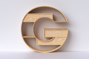 Wooden letter “G” in the shape of a furniture, interiorism accessory design idea concept. 3D rendering.