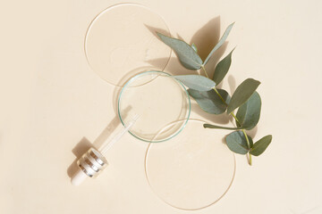 Glass petri dish with transparent pure serum for skin care