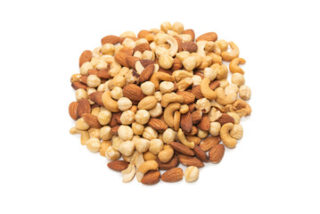 Mix of nuts isolated on white background. Top view.