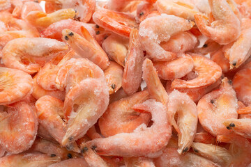 Fresh shrimps in ice. Top view.