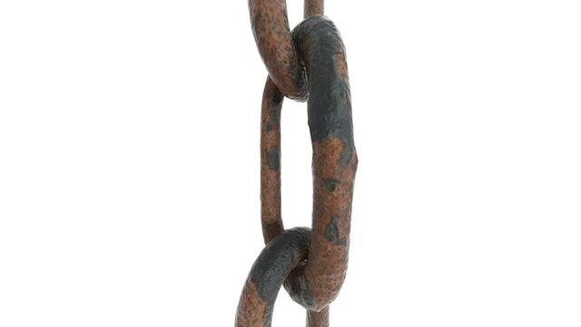 The iron chain slowly descends from top to bottom in front of the camera against a white background and allows detailed rust and black paint to be seen on its large links