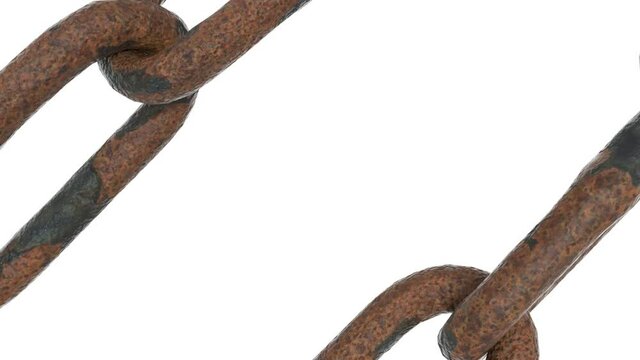 Two old rusty chains move towards each other along the digonal of the white screen. Close-up.