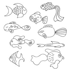 A set of sea fish. Hand-drawn silhouettes. Vector illustration
