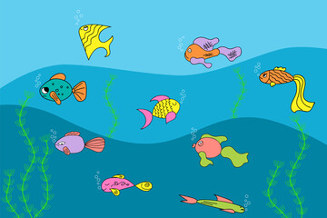 Colorful fish swim in the sea. Hand-drawn. Children's illustration, sticker, fashion design. Vector illustration