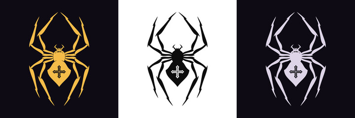 Spider logo with cross. Golden, black and silver spider crosspiece silhouette