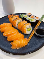 Sushi auf Teller angerichtet mit Stäbchen Sojasauce