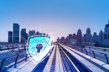 The way towards skyscrapers by modern futuristic train. Tech railway delivers commuters to the...