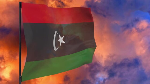 Libya flag on pole with sky background seamless loop 3d animation