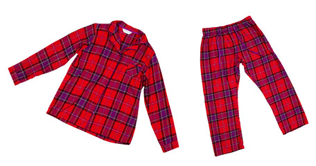 Pajamas set on white background, women's plaid pajama pants and a red shirt. on white background close up