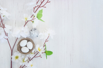 Happy Easter holiday greeting card. Birdnest with white eggs and blooming twig with flowers on white wooden background. Space for text, flat lay