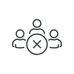 People icons: kicked out of a group, team, department. Team icon with cancel sign. Users icon and close, delete, remove concept. Cancel users sign. Reject members, Delete group