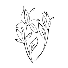 ornament 1583. three stylized flowers on stems with leaves in black lines on white background