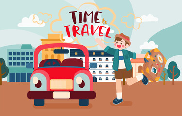 Naklejka premium Boy Carry Luggage To Travel By Car From Town