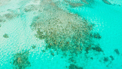Fototapeta na wymiar Sea water surface in lagoon with coral reef copy space for text. Top view transparent turquoise ocean water surface. background texture