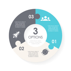 Vector circle chart infographic template for round diagram, graph, web design. Puzzle business concept with 3 steps, options or processes. Abstract background.