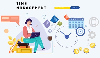 Time management planning, organization and control concept for effiecient succesful and profitable business. Concept of work time management. Business team. Vector illustration with characters.
