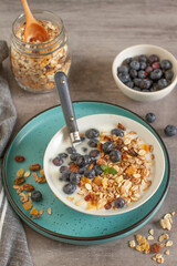 
Breakfast with muesli, yogurts and blueberries