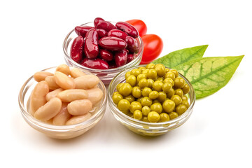 Canned green peas, kidney and navy beans, non-perishable food, isolated on white background. High resolution image