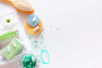 homemade organic spa cosmetics on a white background with space for text