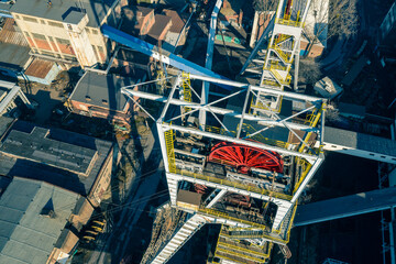 Aerial view of black coal mine in Poland. Industrial place from above. Heavy industry top view.