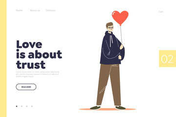 Love and trust concept of landing page with man holding balloon of heart shape for valentine day