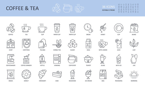 Vector line icons of tea coffee shop. Cup break beans glass machine vending milk donut cake croissant jug kettle grinder sugar bag cafeteria leaf juice morning herbal teapot lemon milkshake