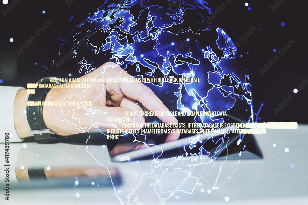Poster double exposure of abstract programming language hologram with world map and finger clicks on a digi