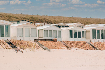Little beach houses at Zandvoort in the Netherlands. Sandy coastline